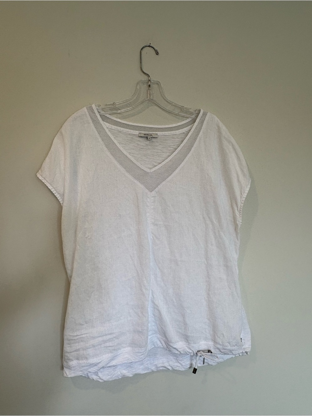 White V-Neck Short Sleeve Women's Tee with Drawstring Hem